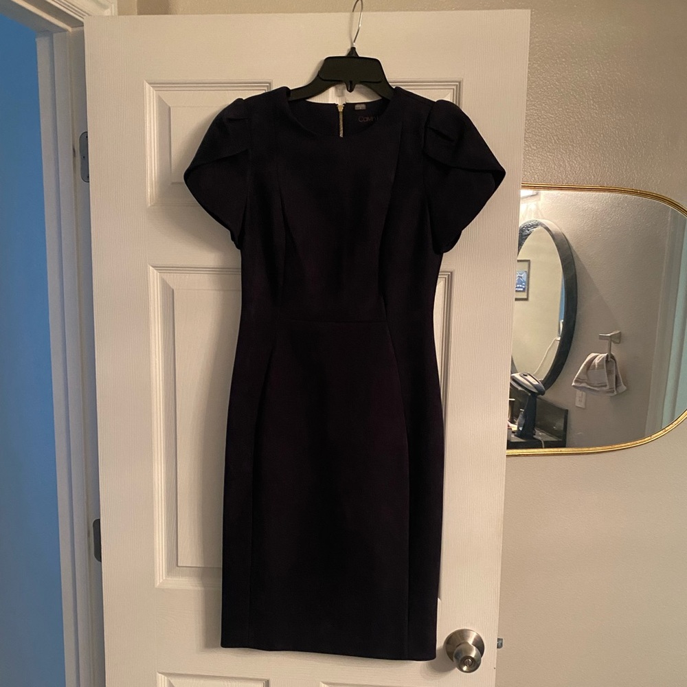 Faux suede, dark navy dress with tulip sleeves
